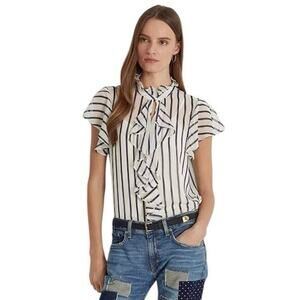 Ralph Lauren Black Lable Women XS Blouse Striped Ruffle-Trim Chiffon Black White